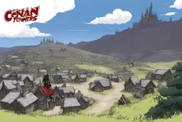 [wii No More Heroes style with thick lines] When the last huddled village fell behind him, Conan left the road, which was beginning to bend toward the northwest, toward the distant passes. To keep to the road would mean to pass by border towers, still garrisoned with armed men who would not allow him to pass unquestioned.