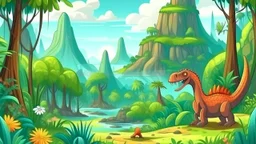 Cartoon illustration for children: Cenozoic rainforest, millions of years ago, with towering prehistoric trees, a volcano, and strange looking gigantic plants