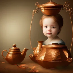 The reflection of a child on the surface of an old copper teapot