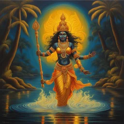 An oil painting of goddess Kali crossing a lake, neon gold colors, high detail,