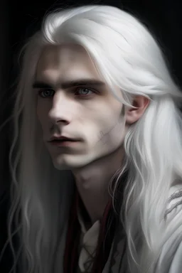 He is a young man with a mysterious and unique appearance. His wild, lush white hair falls in strands around his face, giving him an air of rebellion and freedom. His eyes are a bright and penetrating red, almost luminous, which contrasts strikingly with his porcelain-pale skin. The combination of her complexion and his eyes gives her an ethereal and enigmatic appearance. His figure is slender but athletic, with a natural grace in his movements.