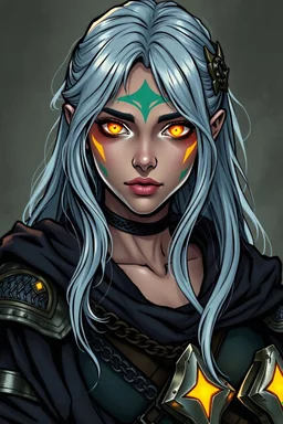 An olive-skinned girl with silvery-blue hair and glowing golden eyes. She is part of the Aasimar breed of D&D. She is average build and very beautiful. She wears chain mail armor with some form of darker colored robes on. She should have glowing tattoos on her face. In the image you must see at least half a bust. It must be in comic-book style.