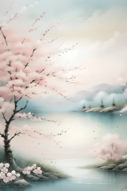 painting of a tranquil and beautiful scene featuring blooming cherry blossoms in soft pinks and whites