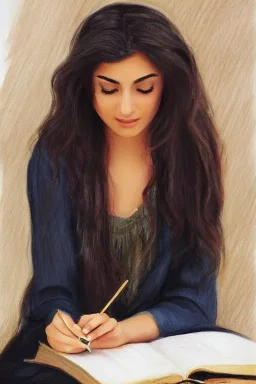 Pencil sketch of Young woman, Arab features,sad, long wavy hair, reading a book, full body، on lined paper