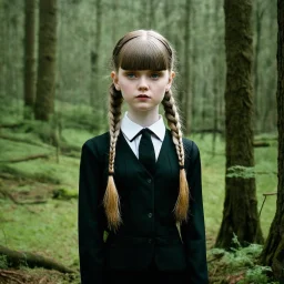 Young elle fanning as Wednesday addams, braids, bangs, in tge woods
