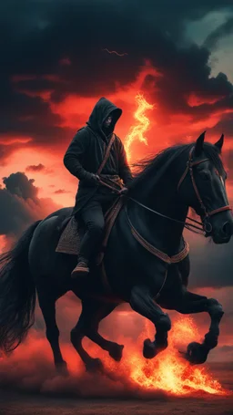 A black hooded with cane horse man , and a woman in the back holding , both on a black wild horse ,escaping and jumping on fire ,red clouds in the sky with storm and cinematic scene 4k