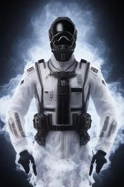 All Black Russian soldier, wearing high tech mask, white smoke, dark, rage, sorrow, high definition, ultra 8 k, volumetric lighting, blue fire, fog