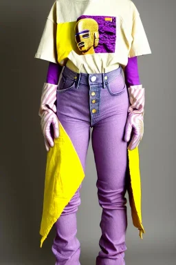 Photograph of a woman. Huge prints on denim,terracotta, cream and purple, lilac. Cream colored latex parts. imperial yellow, red plum mixed stripes, only on top half of t-shirt. Baggy jeans! plant print.European daft punk woman. Baggy jeans! Mantle is sewed of recycled Denim and sewed together of recycled polymer felt. lace, Yellow(Munsell) areas. hint of orange as effect color!!Big bright purple/khaki felt tippet and cream or blue or lilac colored-hood. mantle is merged with satchel, cobalt