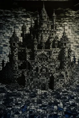 A black castle made out of steel in a chaotic shadow realm designed in ancient Roman mosaics painted by Katsushika Hokusai