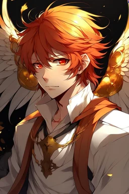 A male anime angel with messy red hair, gold eyes, large, feathered wings that look damaged.