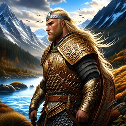 Blond Viking warrior, painted, digital painting, 24k, high resolution, highly detailed, ornate, mountain views with streams of water, art by JOHN STEPHENS