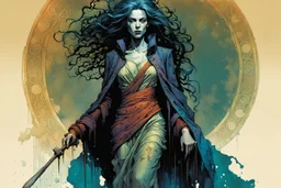 create a wildly imaginative full body portrait of an ethereal, otherworldly , gnarled and emaciated ancient antediluvian female vampire sorceress, dressed in ragged , decayed ornate robes , in the comic book art style of Bill Sienkiewicz, Mike Mignola, and Jean Giraud Moebius, with highly detailed feminine facial features , finely drawn, colored and inked,