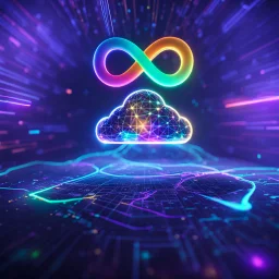 Colourful 3D glowing infinity symbol ∞, hovering above a colourful glowing cloud, network and lights coming from the cloud onto a futuristic map of the globe, inspiring, neon, glowing, friendly, beautiful, octane render, 8k post-production, artstation: award-winning: atmospheric: commanding: fantastical: clarity: 16k: ultra quality: striking: brilliance: liquid medium: stunning colors: amazing depth; lens: f/8, 28mm