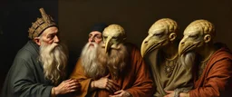 master oil painting by Rembrandt realistic rendering Portrait of the Apkallu sages who were sent by the god Ea to teach civilization to humanity before the flood. They were depicted as half-human and half-fish or bird, and were associated with wisdom, magic, and culture.