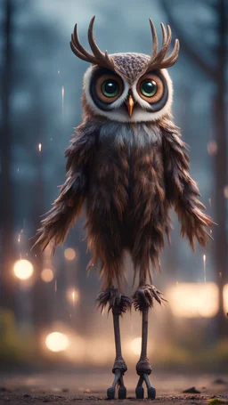 horror weird owl bear elk alien bird walking on stilts in female garments, getting hit by lightening electric arc, with big disturbed eyes,bokeh like f/0.8, tilt-shift lens 8k, high detail, smooth render, down-light, unreal engine, prize winning