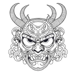 White, minimalis line art , oni mask japanes scarry, vector, white background, outline, with images neatly contained within the background, just black and white color,