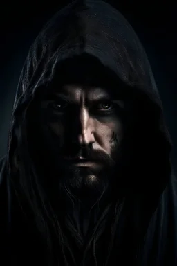 a dark hooded warlock with beard, black long hair, evil black eyes, dark scarrings face