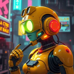 a feminine robot, yellow, dystopia, cyberpunk, neon, post apocalyptic, vintage anime