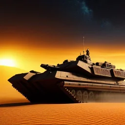 volumetric dramatic desert Battle scene with futuristic hovering military armored Hovercraft tank painted by chris foss,Laser turret, floating, 4k, 8k, [hovercraft] Minutiae, highly detailed, render, rivets, hovering, stripes, sunset duststorm, nimbus clouds