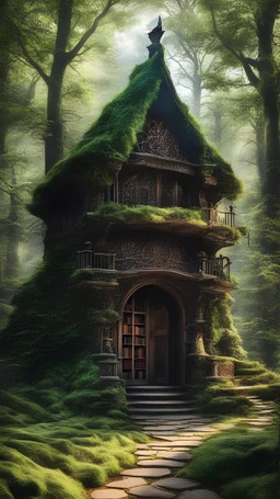 an enchanting forest library hidden deep within the woods, filled with ancient tomes, magical creatures, and whispered tales waiting to be rediscovered