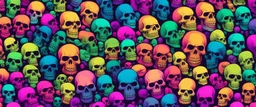 a field of 1000s of cartoonish, anatomically correct, skulls, vivid RANDOM BRIGHT neon colors, dark comedy, well lit, high detail, photorealistic, horrorcore, fun, scary, none featured, each a different color or hue,