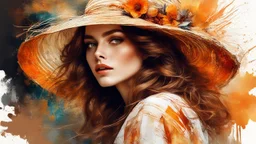 Vintage art, brown and orange shades, sunny day, straw hat for woman, summer dress, splashes of art, in the style of Dante Gabriel Rossetti, Yossi Kotler, Camilla D'Errico, masterpiece, fine art in the style of Carne Griffiths, Paula Hoppe
