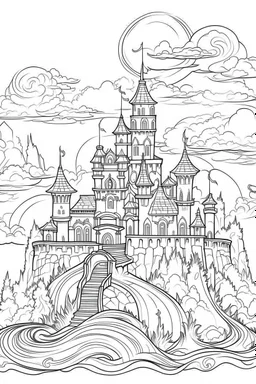 A spooky castle on a hill, surrounded by fog and illuminated by lightning. Outline, sketch style, only use outline, mandala style, clean line art, white background, no shadows, no clear wall, coloring page.