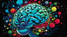 "Design a vibrant comic-styled artwork that captures the essence of a mighty brain, depicted as a tangible galactic entity. The brain itself should be intricately shaded to highlight its convoluted crevices, delicately lit by distant stars. The backdrop is to be an amalgamation of colourful swirling galaxies,
