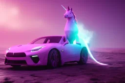 one glowing unicorn in a car in space,nebula in the backround,