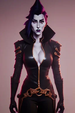 Jennifer Cooldge as evil queen in black leather, leather, busty, cleavage, angry, stern look. character design by cory loftis, fenghua zhong, ryohei hase, ismail inceoglu and ruan jia. unreal engine 5, artistic lighting, highly detailed, photorealistic, fantasy