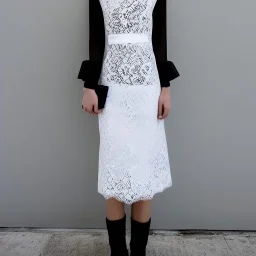 Fashion dress, black dress with black long sleeves, white collar, lace and silk, modern, conceptual design