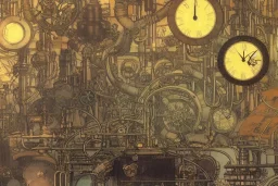 close up view on steampunk lab with big vapor tubes and alchemy equipment, mad scientist working, giant video screens, sci-fi vending machine, clock, retrofuturism, concept art by mucha and moebius and victo ngai, clean line, diesel punk