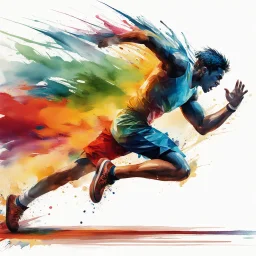 A young athlete running directly at the camera with a ferocious expression. The image is captured in a dynamic watercolor style, showing vibrant colors and smooth brush strokes. Splashes and splashes around the <athlete> suggest his swift movement and wild energy. The case is particularly detailed with bright colors to emphasize its imposing size and the regal presence of the <athlete>.