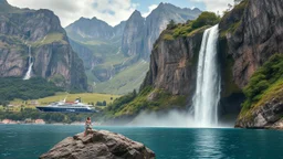 a picture of natural landscape that includes majestic mountains and a serene countryside. Additionally, incorporate details about a stunning, large waterfall that enhances the beauty of the scene. The output should be structured as a narrative, painting a clear image with rich, descriptive language that evokes the sights and sounds of this beautiful environment water fall falls to a big sea with modern ship in it.a fullbody lady in One Piece - Athletic Swimsuit,standing over a rock at hight