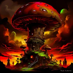 A fantabulous black, green and orange (((mushroom tower house))) erected atop a (geologic pillar), surrounded by the uncanny imaginative ((( swirling skies))), offset by the stark hues of a (neon-tinged nebulous space scape), within. captured by the hand a skilled master painter with a focus on (softly blurred compositions and voluminous lighting).