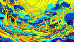 Street envisioned in a Psychedelic Safari Vision, with bold patterns and vivid colors creating a surreal landscape. Utilize bright gold and blue hues to capture the wild and untamed essence