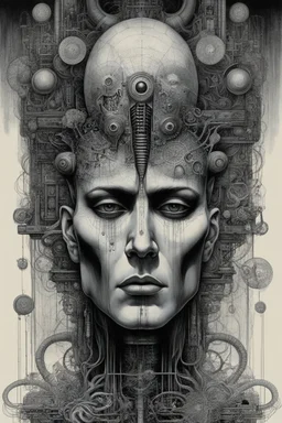 The face of a man with a Indian fathers on head with computer chips and a smoke in the background a thin line draw ، front view camera, decayed and rotting with grotesque proportions and imagery. surreal horror, biomechanical design, by hr giger and beksinski , fine lines draw