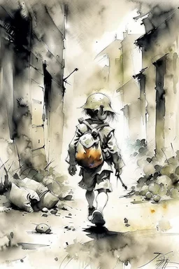 The nightmare small child having a bag pack walks in the streets, at war time , in the street with some soldiers illustration by Stephen Gammell