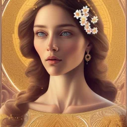  beautiful, holy and divine and elite very young european female cleric face portrait, detailed eyes, hair and flowers, cosmic ambiance , realistic shaded volumetric lighting, 8k