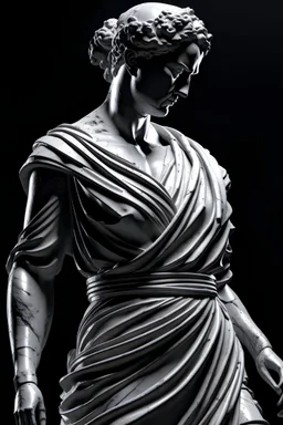 Modern, 2020s, detailed cinematic shot from, realistic cinematic scene, closeup of dressed woman, greek art statue, statue with big cracks, broken statue, gray color, polished marble stone texture, high contrast, detailed, shadows, perfect, intricate, epic, black background, 8k, 3d. , full body shot of showing detailed intricate work, shot in the style of wes anderson and stephen king, oscar winning photography, striking image captures, meticulous attention, stunning costume design