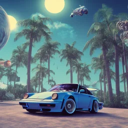 1980's aesthetic vaporwave palm trees and spheres and Porsche with lightning