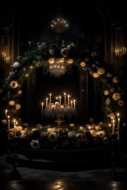 A wreath of flowers and candles with a chandelier in the background, a picture, by itshak holtz, ring light, huge black circle, large props, arch