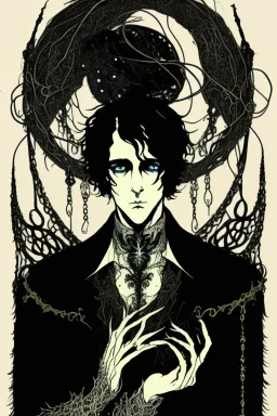 black haired young man necromancer wizard with gothic jewelry and tentacle fingers in the style of Harry Clarke