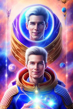 cosmic young man from the future, one fine whole face, large cosmic forehead, crystalline skin, expressive blue eyes, blue hair, smiling lips, very nice smile, costume pleiadian,rainbow ufo Beautiful tall pleiadian Galactic commander, ship, perfect datailed golden galactic suit, high rank, long purple hair, hand whit five perfect detailed finger, amazing big green eyes, smilling mouth, high drfinition lips, cosmic happiness, bright colors, blue, pink, gold, jewels, realistic, real