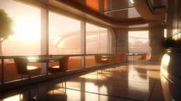 hyperrealistic futuristic coffee shop, minimalist, morning sun, drive through, --q 2 --ar 3:2