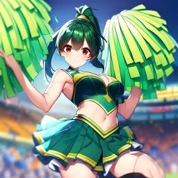 Clear focus,High resolution,High quality, Dark Green Ponytail hair, Red eyes, Cheerleading