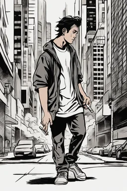 A 25-year-old boy in a men's sports tee is walking in the city, thinking with his head down, smoking a cigarette, and possessing the power of a god