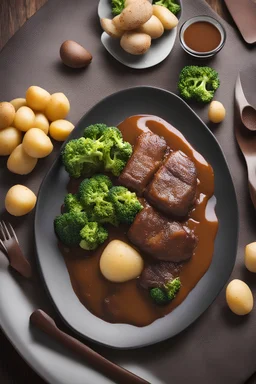 elgkjøtt med broccoli og brun saus, poteter på et fat