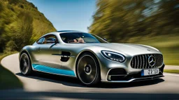 A sleek with livery (((mercedes bentley))), its contours and details perfectly captured in a (((cinematic view))), zipping along a winding road under a beautiful blue fresh morning sky