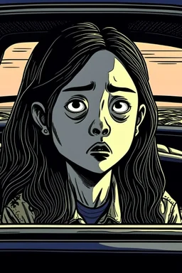 A Chinese person, girl, 18 years old, delicate features, pretty, serious expression, ((((( sitting in a car )))), background car, front view, close focus, horror scene, eerie, dim, 8K, graphic novel sketch, graphic novel style, 2D effect, flat colors, gloomy drawing style